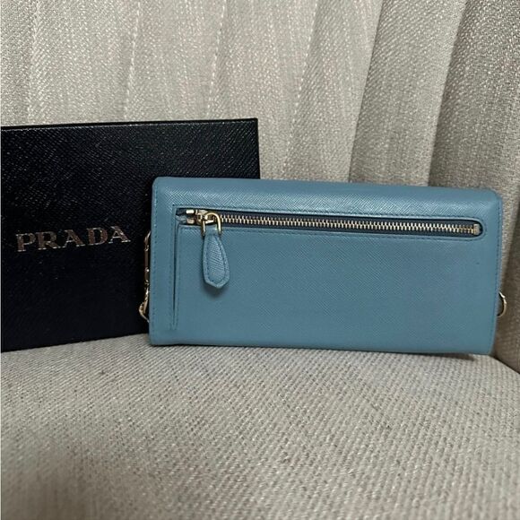 Prada Light Blue Logo Saffiano Leather Wallet on Chain - Picture 2 of 8